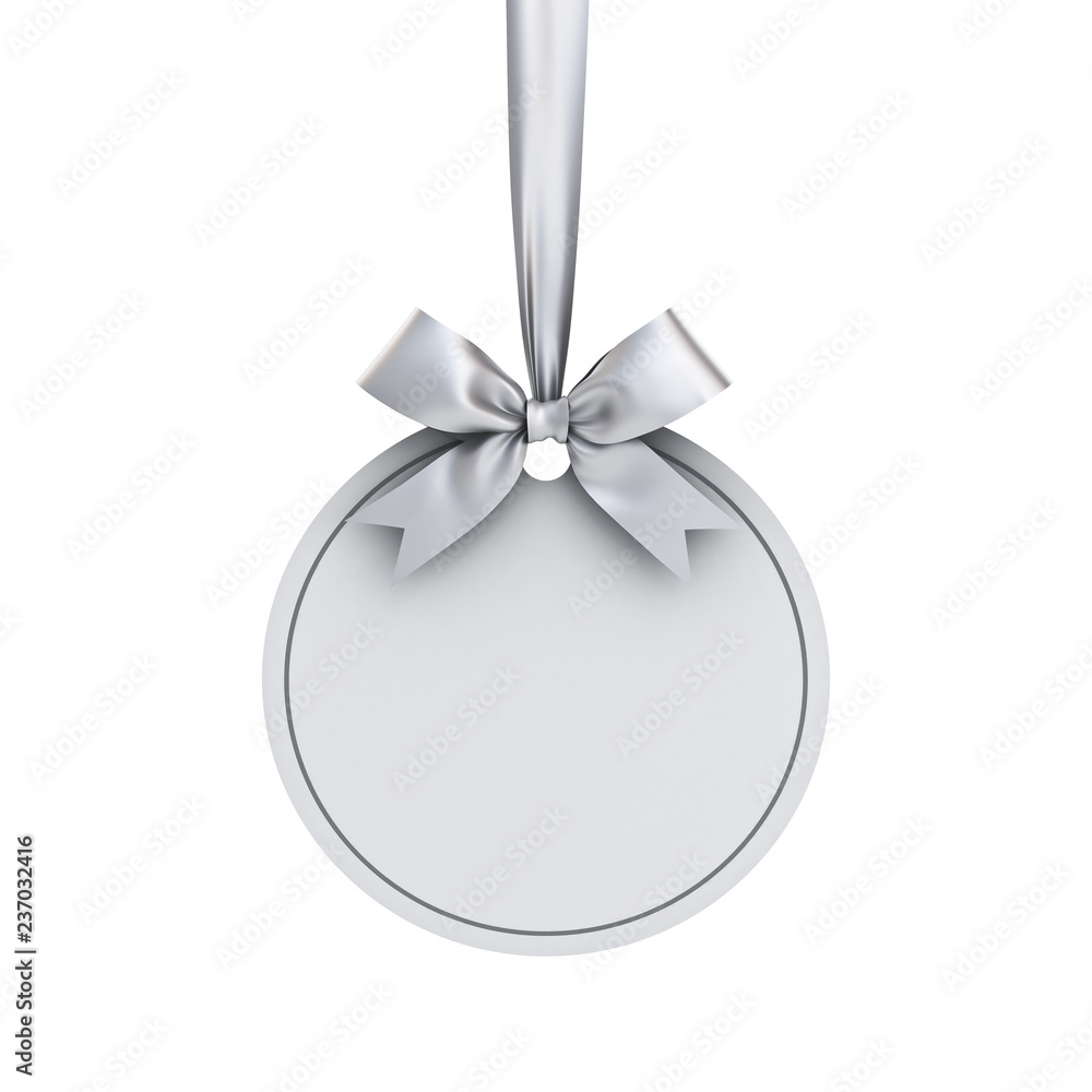 Aufkleber blank white paper round christmas ball frame tag label card template hanging with shiny silver ribbo