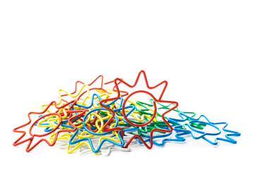 multi colour paper clips isolated on white background