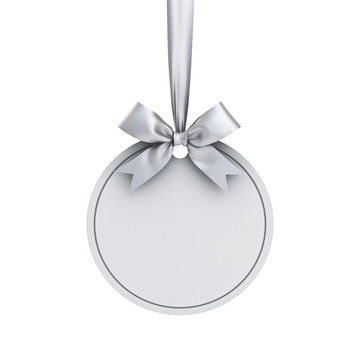 Blank White Paper Round Christmas Ball Frame Tag Label Card Template Hanging With Shiny Silver Ribbon And Bow Isolated On White Background For Christmas Decoration 3D Rendering