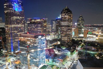 Aerial view of downtown Dallas Texas at night 