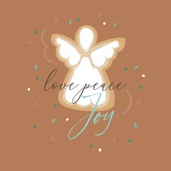 Hand drawn vector abstract fun Merry Christmas and Happy New Year time cartoon illustration greeting card with gingerbread cookies and Love Peace Joy quote isolated on brown background