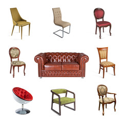 Set of different chair furniture. Collage of side and front views of chairs