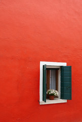 Large red wall with a wooden window with a flower in a pot on the windowsill