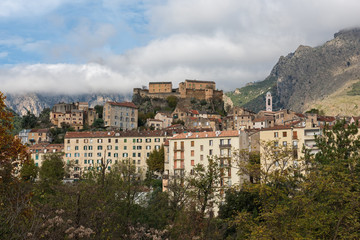 Fototapeta na wymiar View of the historic Corsican city of Corte with a citadel on a rock, France