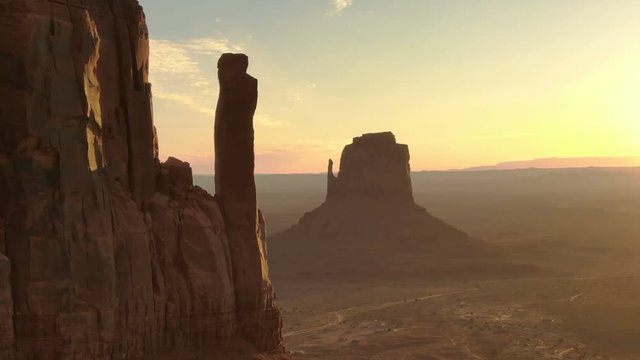 Monument Valley Sunrise West and East Mitten Butte Aerial Telephoto Shot Arizona and Utah USA