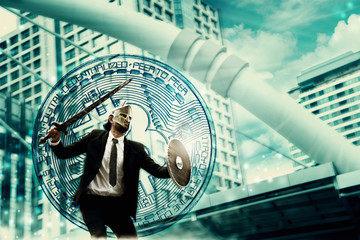 Businessmen wear masks ancient warriors. Big swordsman who is ready to fight bitcoin business...