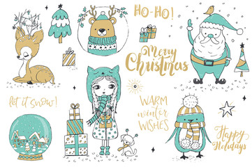 Christmas greeting cards with Santa Claus, a little girl and a cute dog, bear portrait, cute deer and snow globe Lettering tex