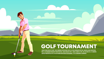 Vector poster, a banner of a golf tournament. Man playing on green grass. Background with athlete training on a field. Outdoor sports backdrop, hobby or recreational activity. Sky and mountains.