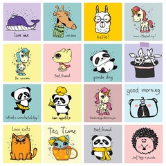 Vector set of cards with cute happy animal faces for kid's interiors, banners and posters. - Vector