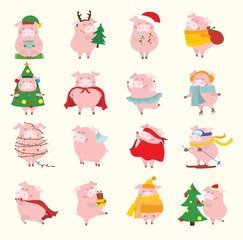 Vector illustrations with the symbol of the year - yellow pig with christmas gifts and other funny things