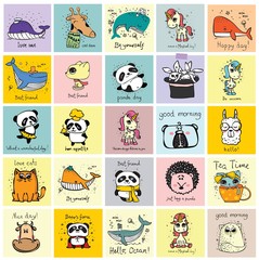 Vector set of cards with cute happy animal faces for kid's interiors, banners and posters. - Vector