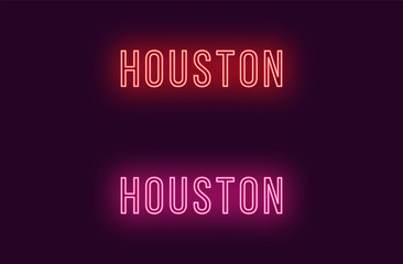 Neon name of Houston city in USA. Vector text