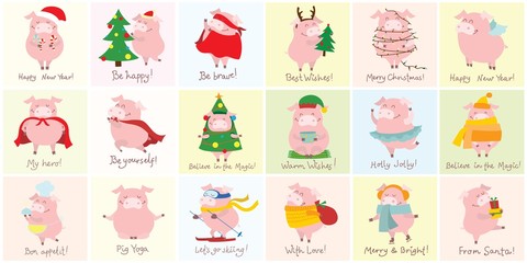 Vector illustration cards with the symbol of the year - yellow pig with christmas gifts and funny hand drawn christmas greeting - Vector