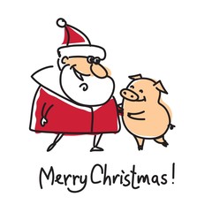 Christmas card with Santa Claus and symbol of the year cute pig and hand drawn greeting text Merry Christmas