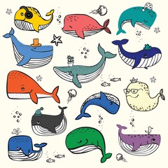 Fototapeta premium Ilustracja wektorowa z ładny wielorybów oceanicznych w kolorze i innych mieszkańców morza - wektor