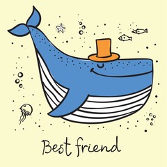 Vector illustration card with cute doodle ocean whale in color and funny motavation quote Best friend