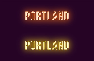 Neon name of Portland city in USA. Vector text
