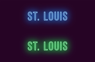 Neon name of St Louis city in USA. Vector text