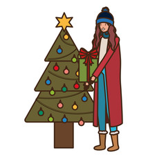 woman with christmas tree and gift box