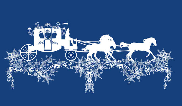 fairy tale carriage with horses running over snowflakes decor - winter season vector silhouette design