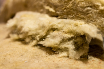 Thermal insulation material, rock wool. Thermal roof insulation layer. Mineral wool or mineral...