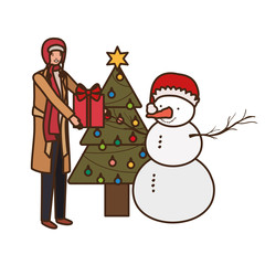 man with christmas tree and snowman