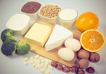 Food products containing a large amount of calcium isolated on white background.