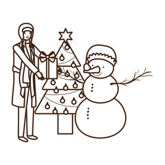 man with christmas tree and snowman