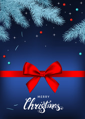 Christmas blue background with red  gift  bow, ribbon,  spruce branch.