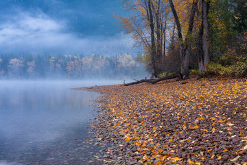 Mist And Fall Foliage By Placid Lake