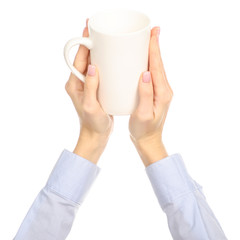 White cup mug in hand arm raised up on white background isolation