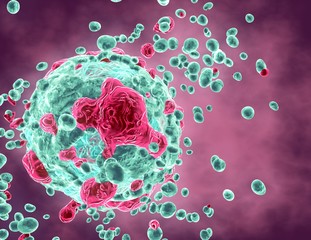 Cancerous tissue destroying human cell, tumor concept illustration.