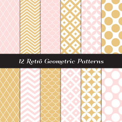 Gold, Blush Pink and White Retro Geometric Seamless Vector Patterns. Subtle Feminine Pastel Color Mod Backgrounds. Repeating Pattern Tile Swatches Included