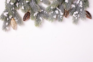  Christmas decorative gold pine cones and branches fur tree on  white textured  background.