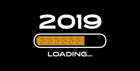 2019 golden New Year sign with golden glitter and loading panel on black background. Vector New Year illustration.