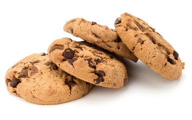 Chocolate chip cookies isolated on white background. Sweet biscuits. Homemade pastry.