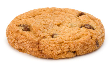 One Chocolate chip cookie isolated on white background. Sweet biscuit. Homemade pastry.