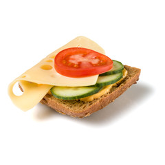 Open faced sandwich crostini isolated on white background closeup. Vegetarian canape with cheese. Appetizer tartarine.