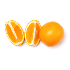 Orange fruit slice  isolated on white background closeup. Food background. Flat lay, top view.