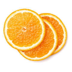 Orange fruit slice  isolated on white background closeup. Food background. Flat lay, top view.