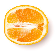 half of Orange fruit  isolated on white background closeup. Food background. Flat lay, top view.