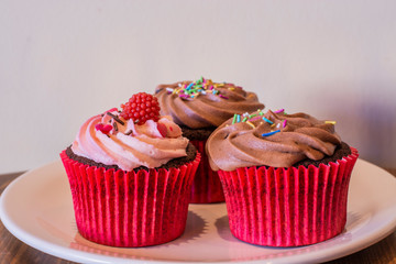 Fresh baked delicious different cupcakes served in white plate with wood background