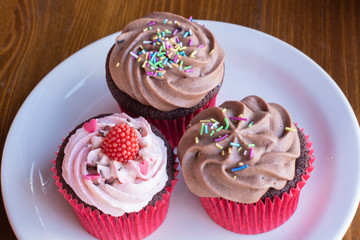 Fresh baked delicious different cupcakes served in white plate with wood background