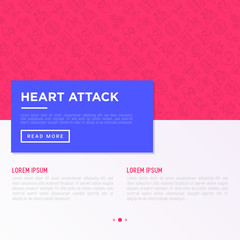 Heart attack symptomps concept wiht thin line icons: dizziness, dyspnea, cardiogram, panic attack, weakness, acute pain, cholesterol level, nausea, diabetes. Vector illustration, print media template.