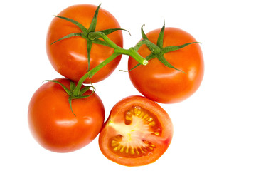 red tomatoes on a branch on a white background
