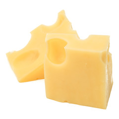 Cubes of cheese. Cheese block isolated on white background cutout