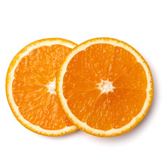 Orange fruit slice  isolated on white background closeup. Food background. Flat lay, top view.