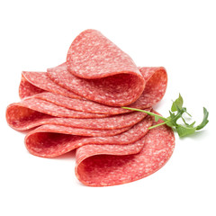 Salami smoked sausage slices isolated on white background