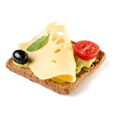 Open faced sandwich crostini isolated on white background closeup. Vegetarian canape with cheese. Appetizer tartarine.