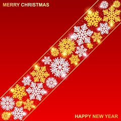 Merry Christmas and happy New year. Xmas. Background with gold and silver shiny snowflakes. Happy New year and merry Christmas. Postcard, banner, poster, background.